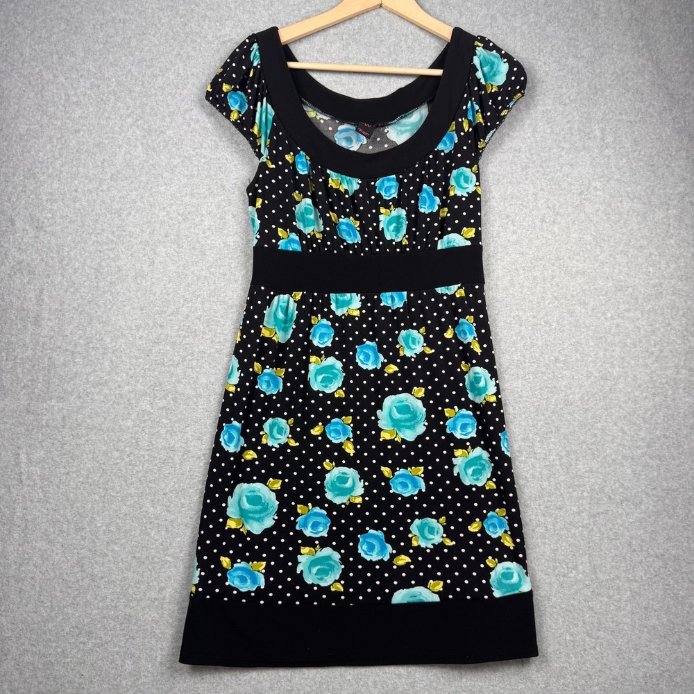 Vintage Wrapper Dress Womens Medium Black Blue Floral Polka Dot Babydoll Y2K
